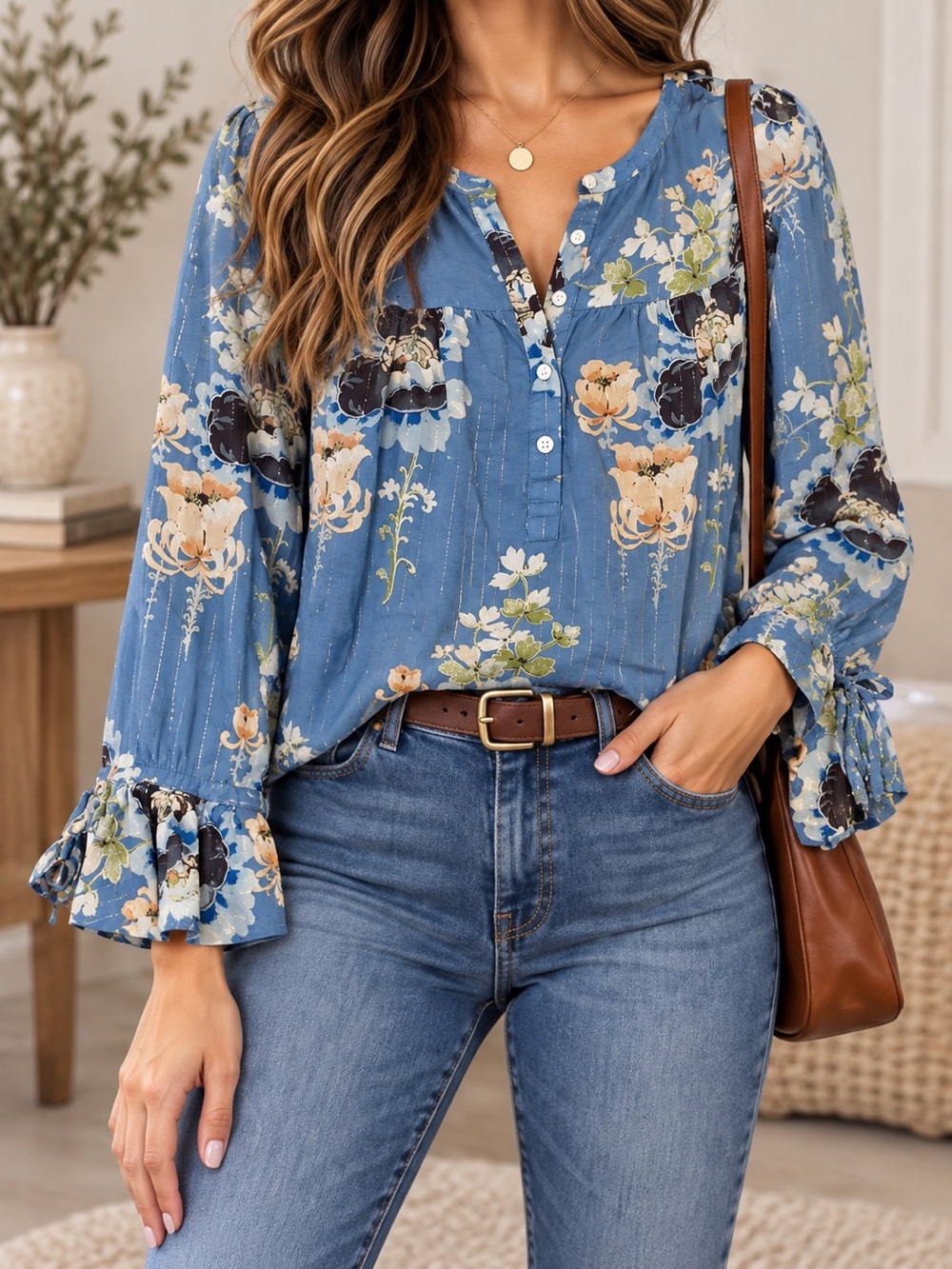 LOFT Blue Floral Peasant Henley Blouse